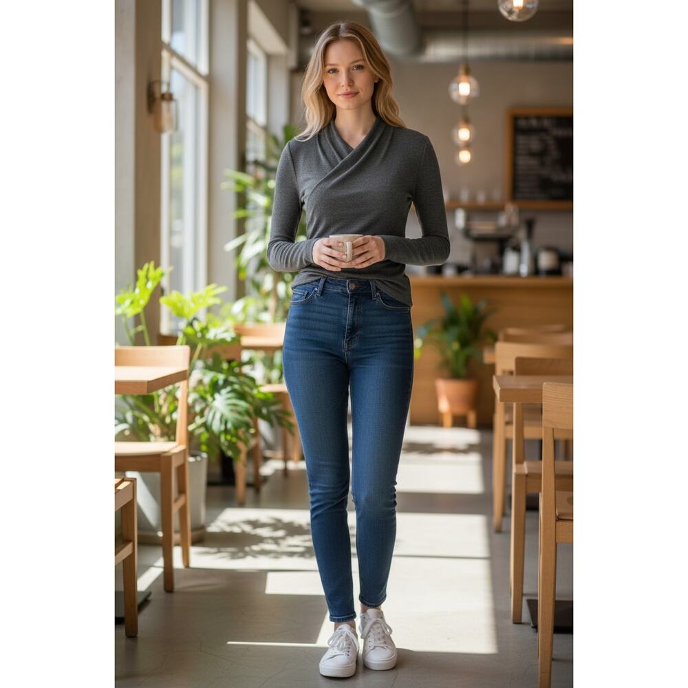 OGL Top Size M NEW Charcoal Blue Surplice Long Sleeve Top V Neck Stretch